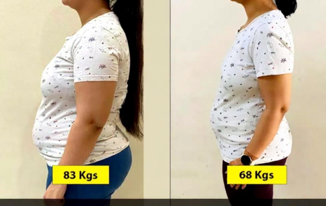 Client transformation: 83 kg → 68 kg (side)